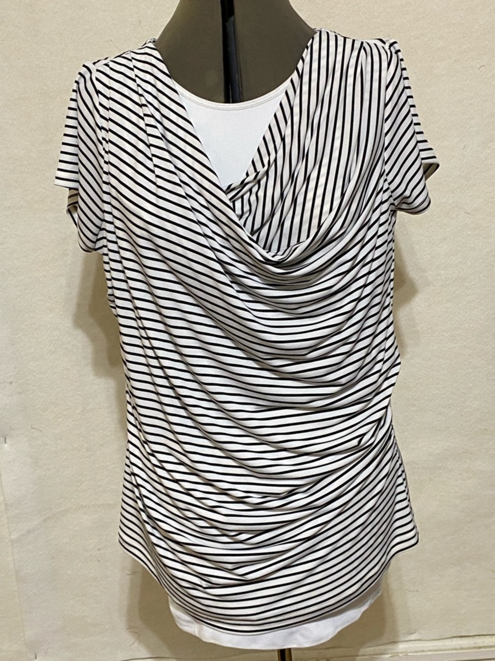 Worthington Black & White Striped Draped Short Sleeve Top
